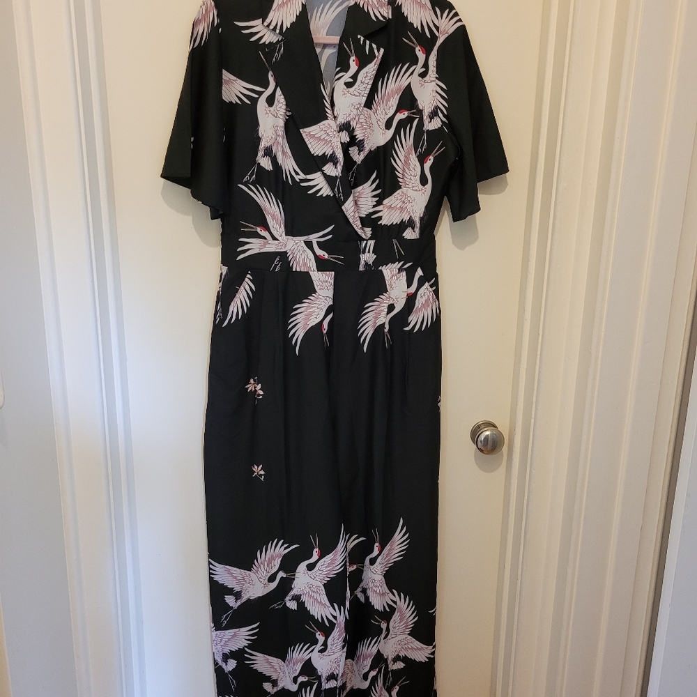 Crane pattern wide leg jumpsuit